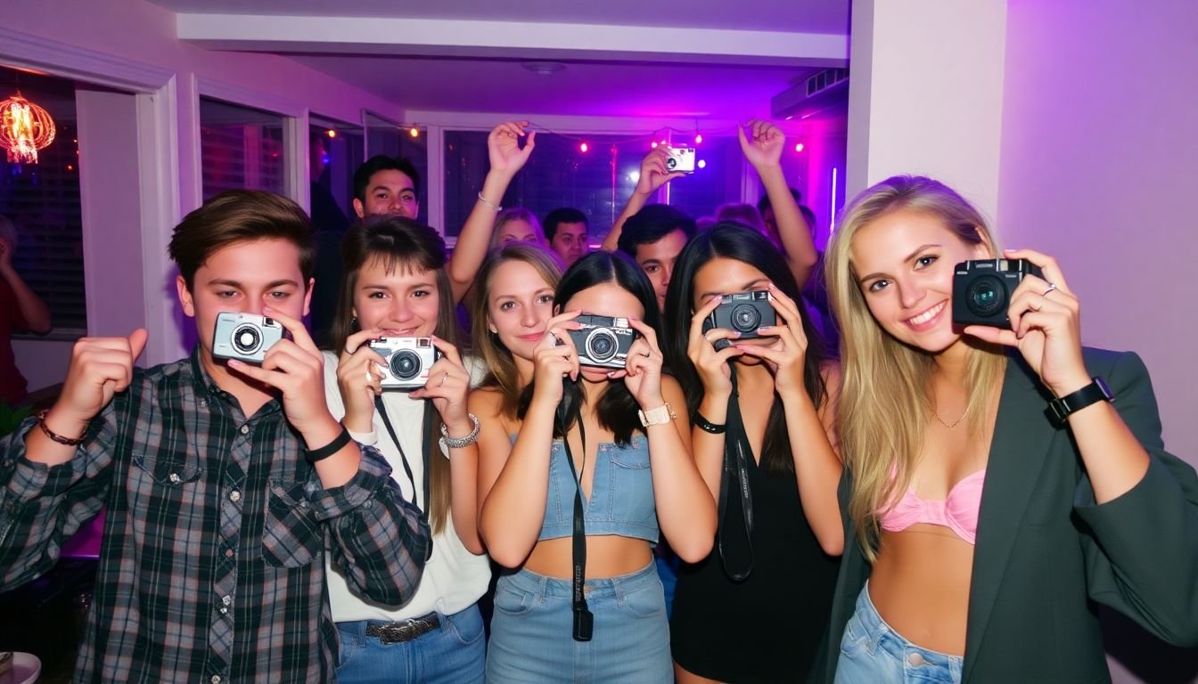 A_group_of_friends_using_disposable_cameras_at_a_party